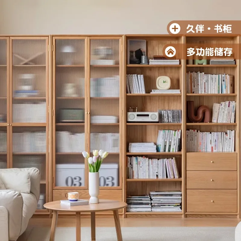 Solid wood combination bookcase Nordic modern storage bookshelf Oak background wall bookcase Study floor cabinet