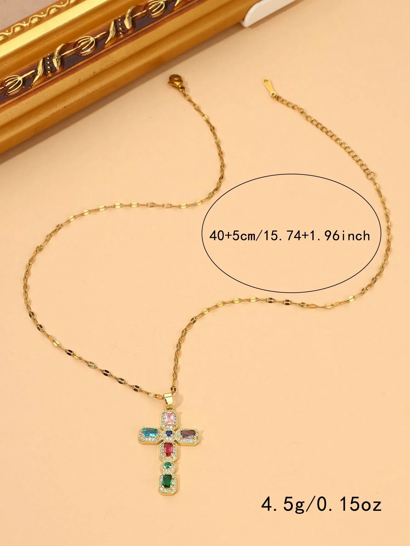 

Gold-Tone Cross Pendant Necklace with Multicolor Zirconia Inlay and Chain