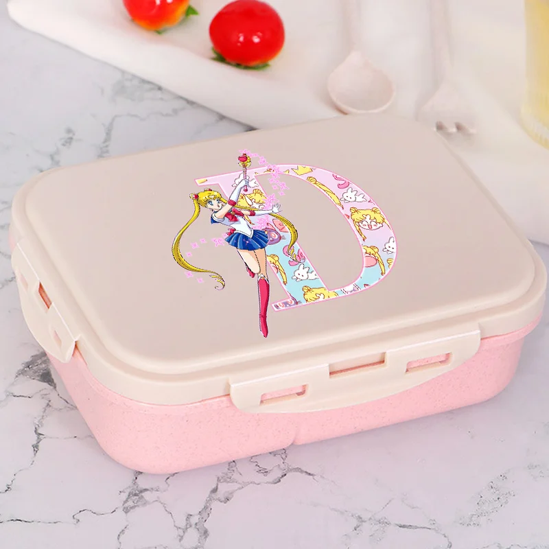 

Sailor Moon Lunch Box with Fork Spoon Kitchen Fruits Food Bento Case Letter A-z Anime Handheld Outdoor Picnic Microwave Boxes