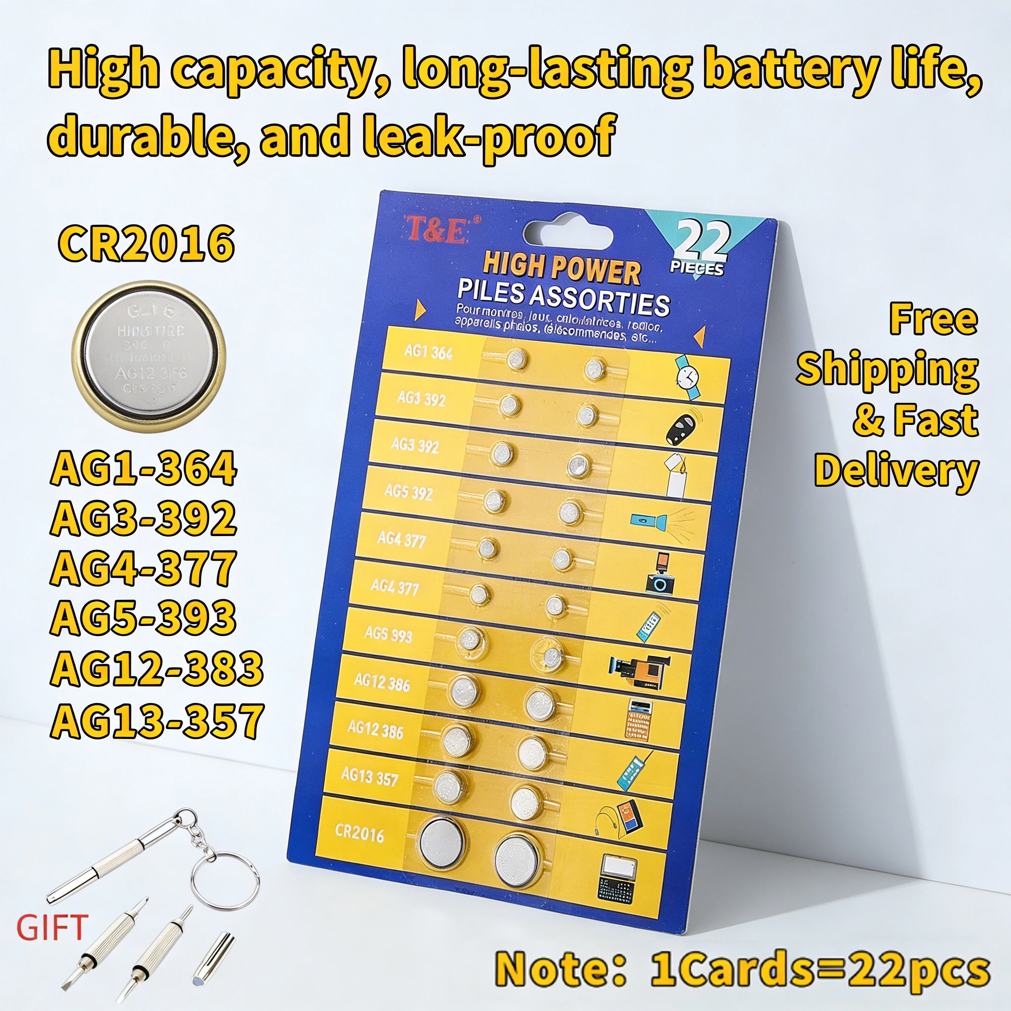 

22PCS Alkaline Button Battery Assortment - AG1 AG3 AG4 AG5 AG12 AG13 CR2016 1.5V Lithium Coin Cells for Watches and Toys