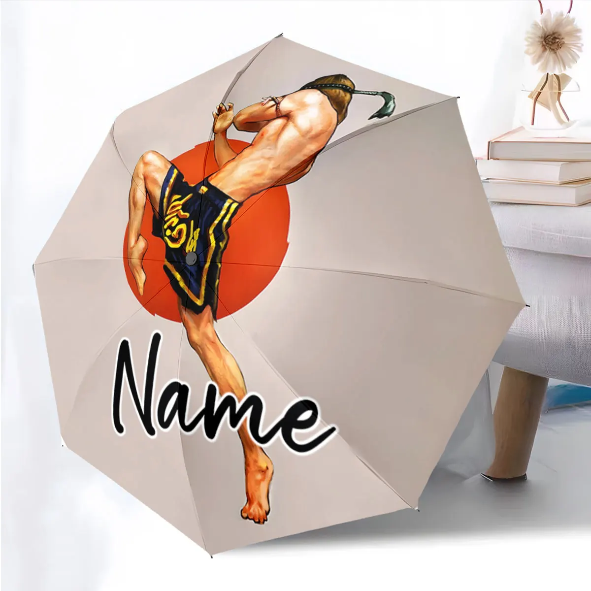 Custom Name Martial Arts Design Umbrella with Bold Lettering Print 8 Iron Ribs Folding Umbrella Auto-Open Fashion Sunshade