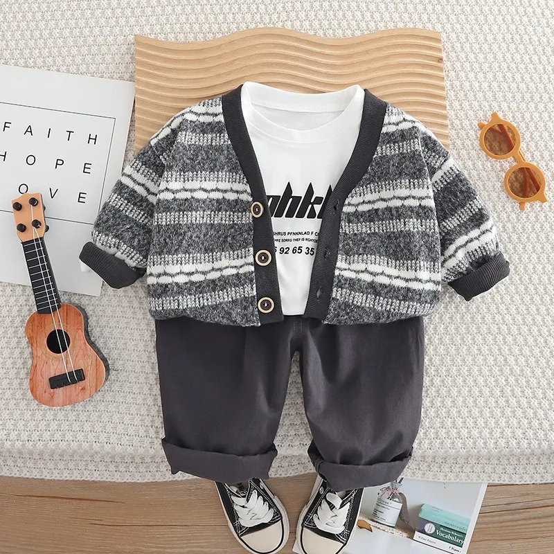 

Baby Boys Sets Spring Autumn Knit Cardigan Jacket Long Sleeve Top Loose Pants Casual Fashion Warm Comfortable Three-Piece Sets