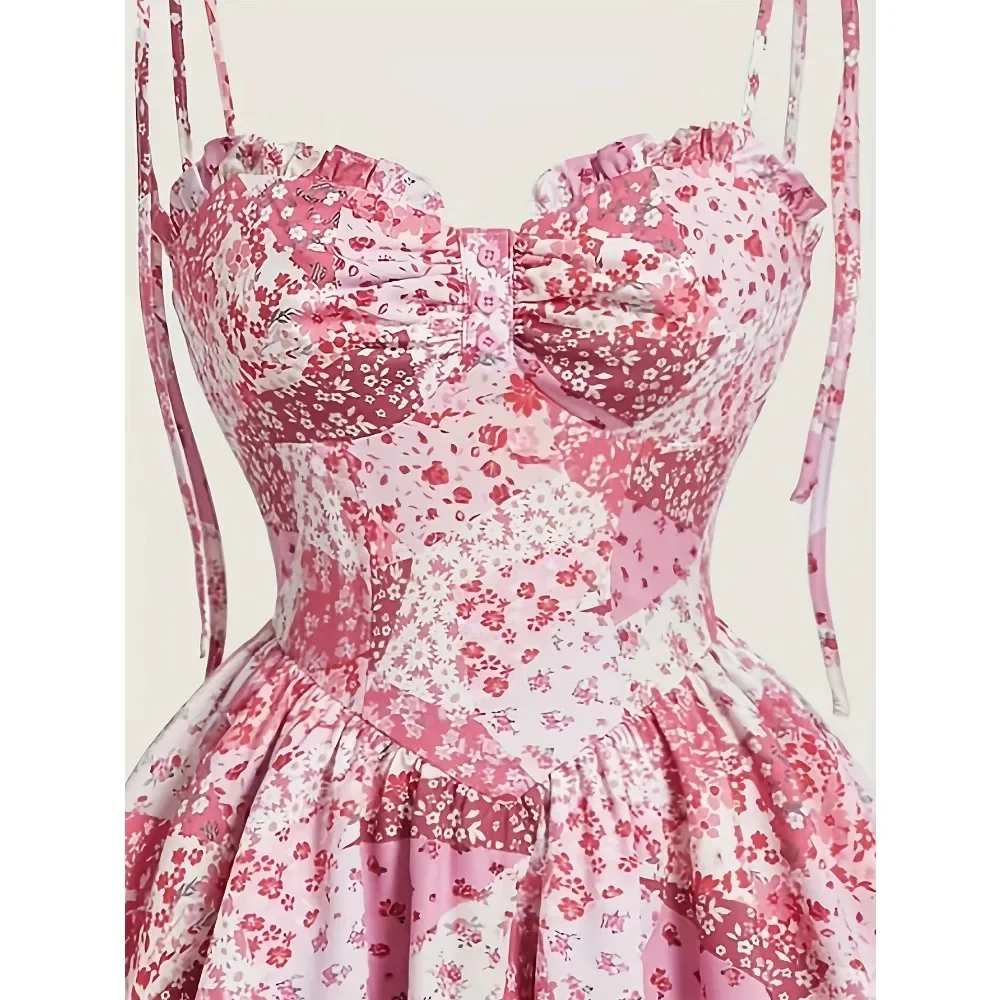 Vestidos 2025 feminino floral halter bolo vestido vintage vermelho duplo hem vestido outono inverno festa clube noite midi vestido streetwear