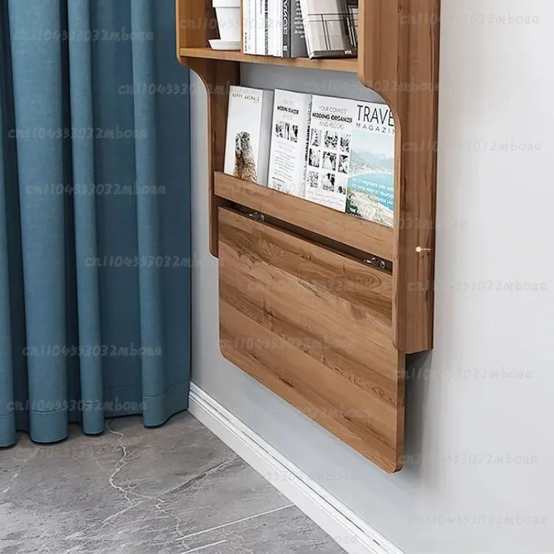 Wall Mounted Folding Desk - Solid Wood Floating Study Table with Bookshelf, Space-Saving Bedside Workstation for Home Office