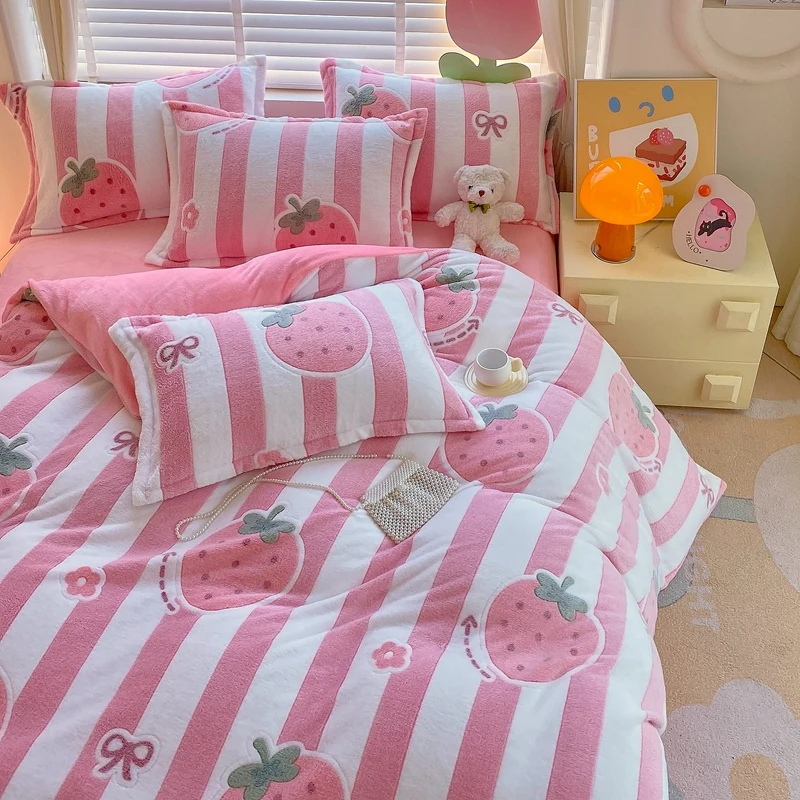 1PC Pink White Striped Strawberry Bow Flannel Duvet Cover, Cute Pattern Soft Bedding for Bedroom Decor