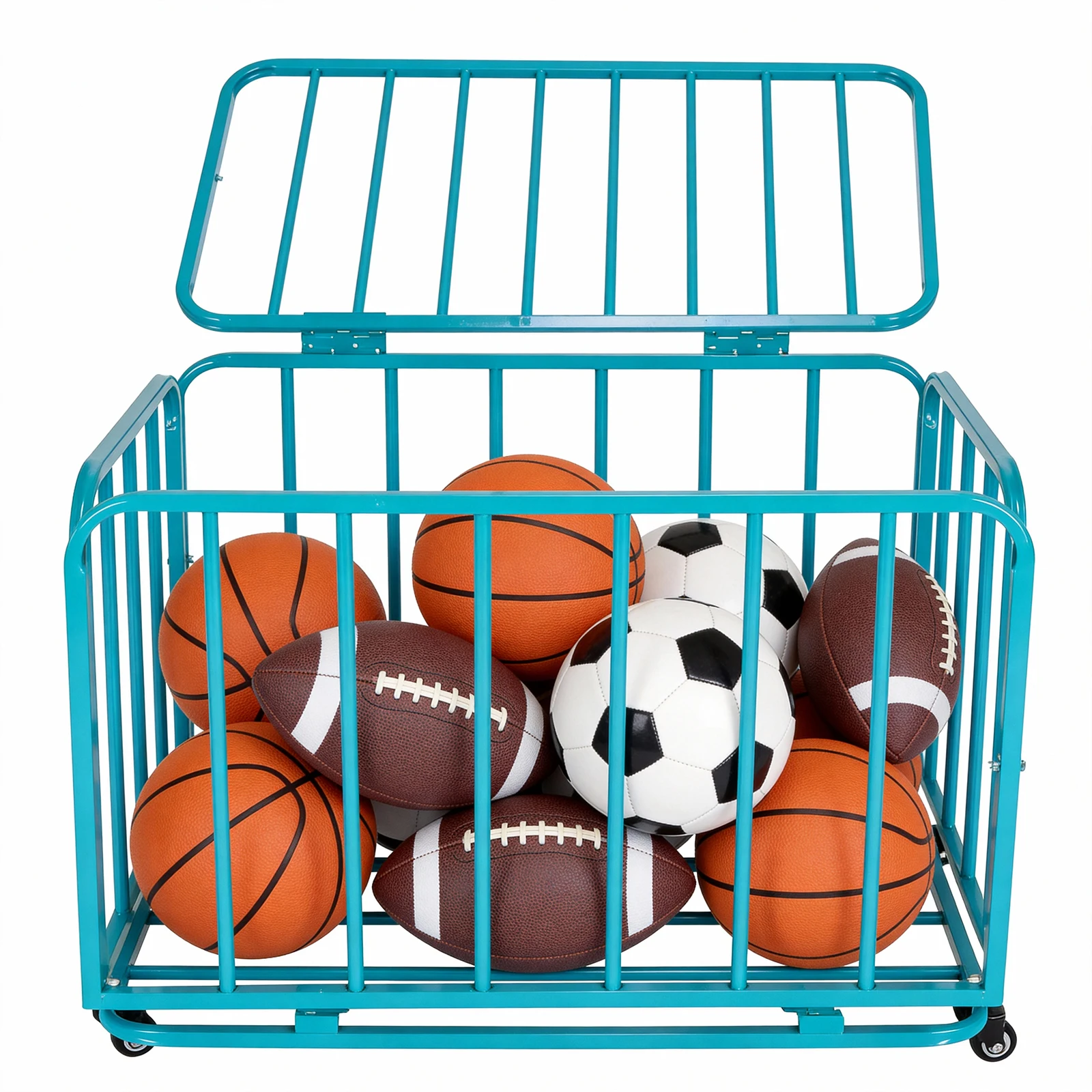 

Folding Sports Equipment Organizer Storage Basket with Wheels and Lid Mobile Football Storage Basket for Gymnasium/Clubs