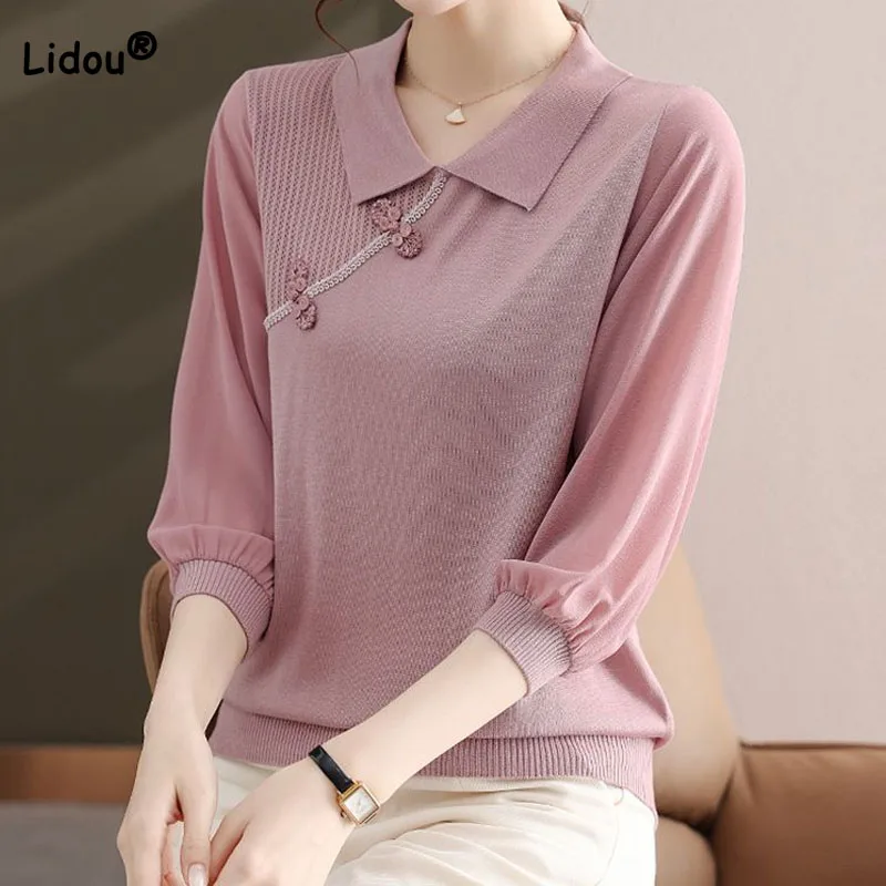 

Elegant Fashion Solid Color Thin Knitted Tops Summer Female Simplicity All-match Polo-Neck 3/4 Sleeve T-shirt Women's Clothing