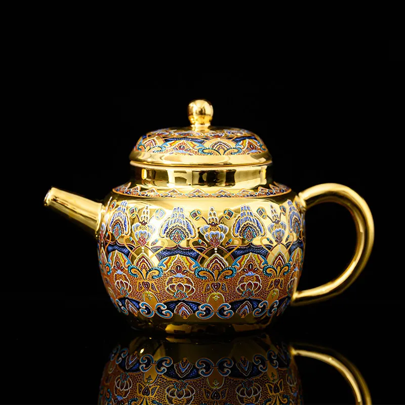 Handmade Dunhuang Impression Gilt Teapot Stacked Flowers Enamel Color Tea Brewer Teacup Cover Bowl Gold Cup Small Gold Pot