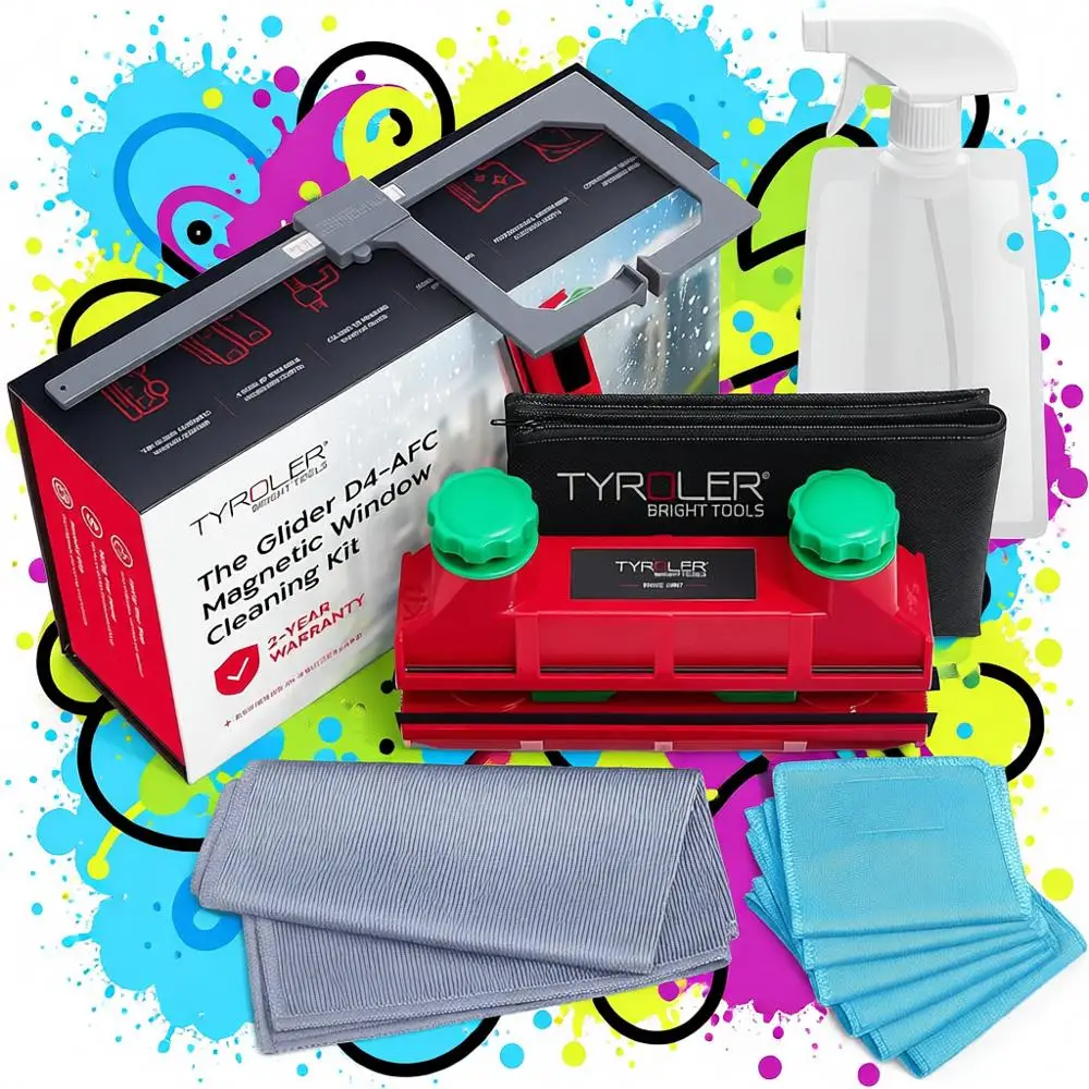 

Tyroler Magnetic Window Cleaner Tool | The Glider D4 Window Cleaning Tool its Windows 0.1"-1.6" Thick | All-in-One Window Cleani