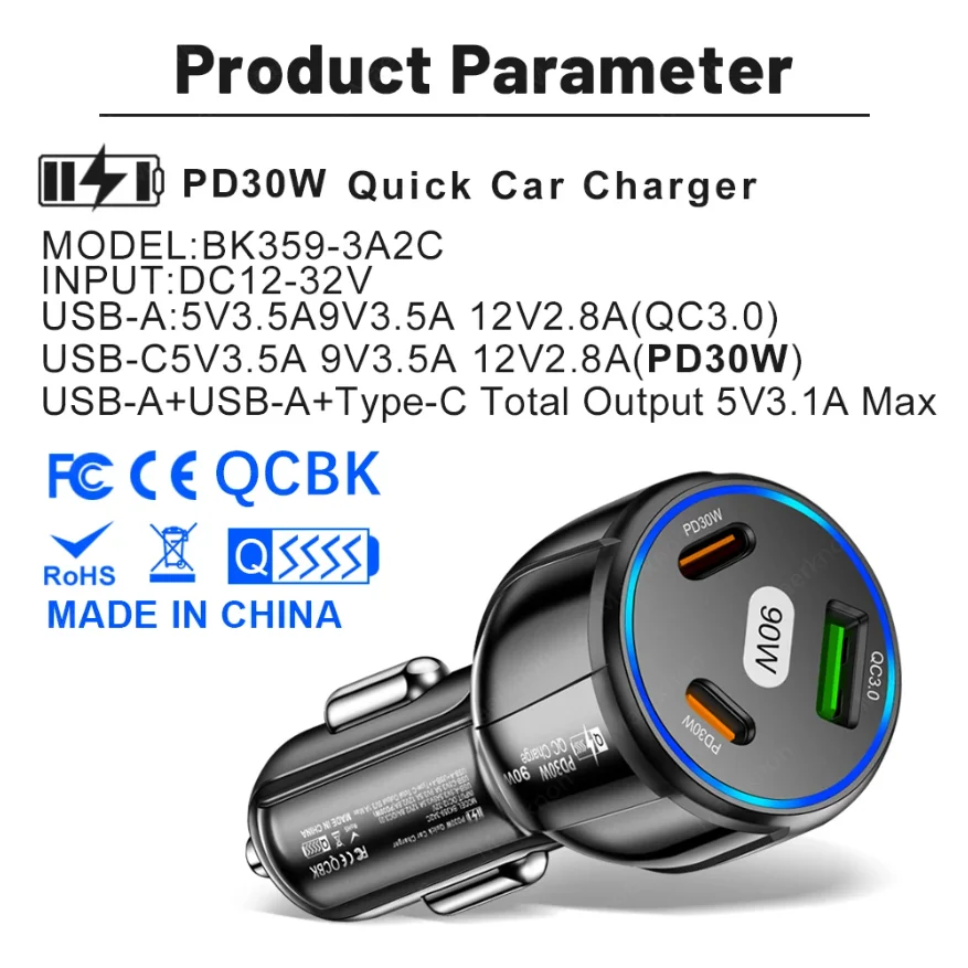 90W USB Autolader 3-poorts PD Type-C Snellader Auto Telefoonadapter voor iPhone 16 15 Xiaomi Samsung Snelladen in de Auto