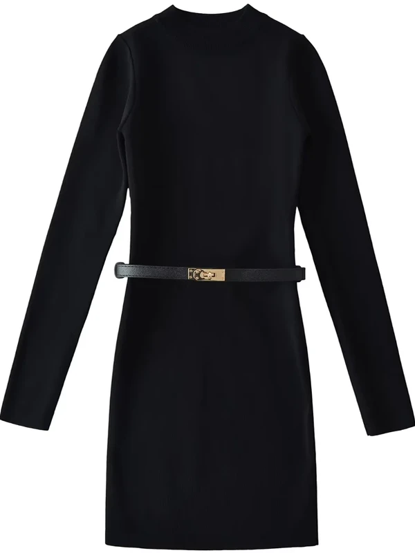 تنورة طويلة محبوكة للتخسيس مع حزام مضاد للكرة للسيدات تنورة Ter Ne Bodycon Bla ذات ياقة عالية كاجوال Sle #5