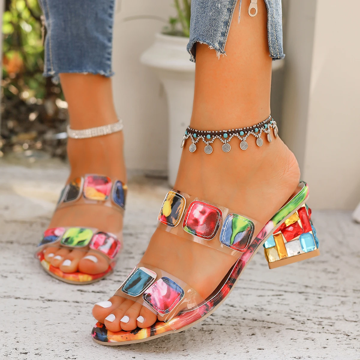 Women Heels Sandals Colorful Chunky Heeled Rhinestone Shoes Women Open Toe Mid Heels Stylish Daily Sandals Sandalias De Mujer