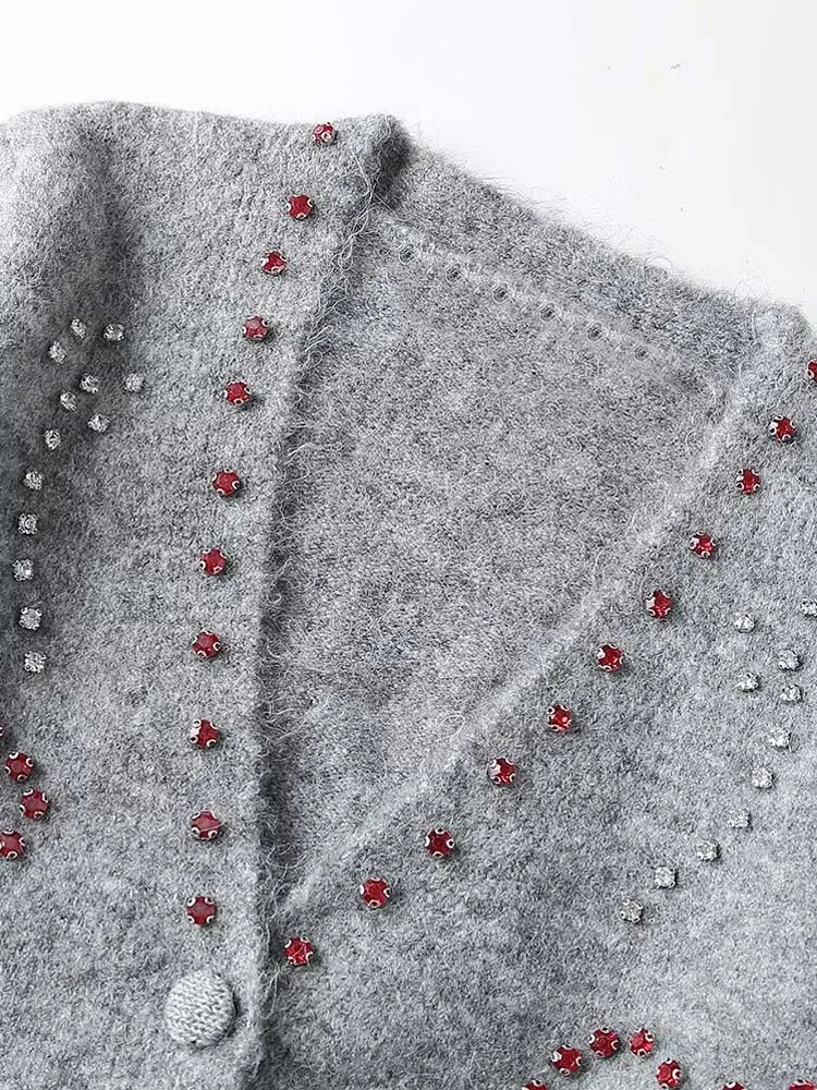 Fashion Beaded hearts knit cardigan Women 2024 Collection Luxury V-neck Rhinestone sweater Short sleeve Knitwear 2024 Gray 4O024