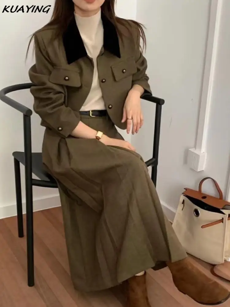 French Casual Formal Blazer Long Skirts Suit Women Vintage Business Suit Jackets Midi Saya Two Pieces Female Outfits Autumn New