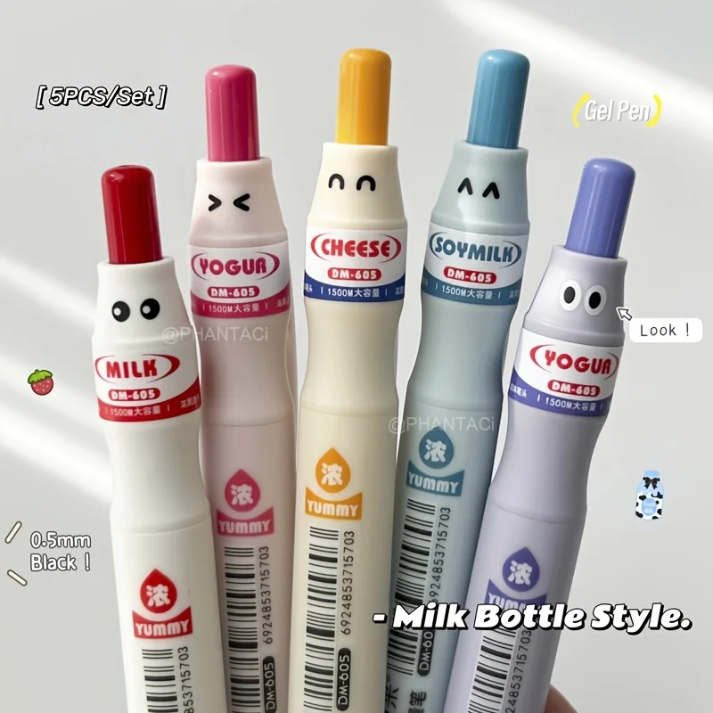 

5PCS Cute Kawaii Gel Pens 0.5mm Black Fine Point Retractable Quick-Drying Smooth Pens Stationery School Office Supplies