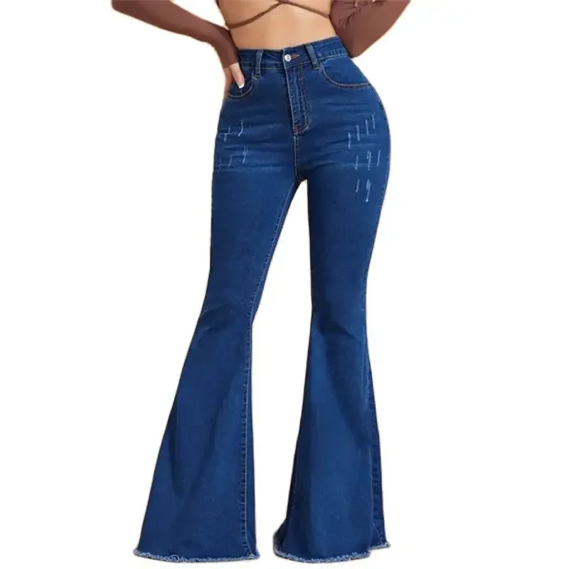 Fashion Scratch Women Flared Jeans New High Waist Stretch Denim Pants Female Casual Commuter Slim Fit Hip Lift Wide Leg Trousers