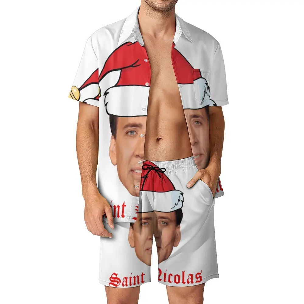 Saint Nicolas Cage Christmas Card Greeting Card F  Home Men's Beach Suit Funny 2 Pieces Pantdress High Quality