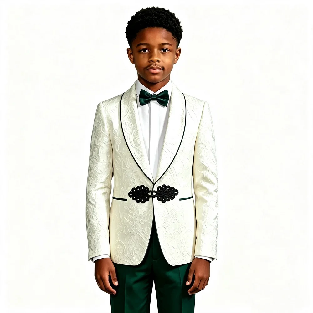 Floral Jacquard Boys Wedding Tuxedo with Chinese Frog Buttons 2 Pieces Slim Fit Kids Formal Suit Jacket with Pants 2026