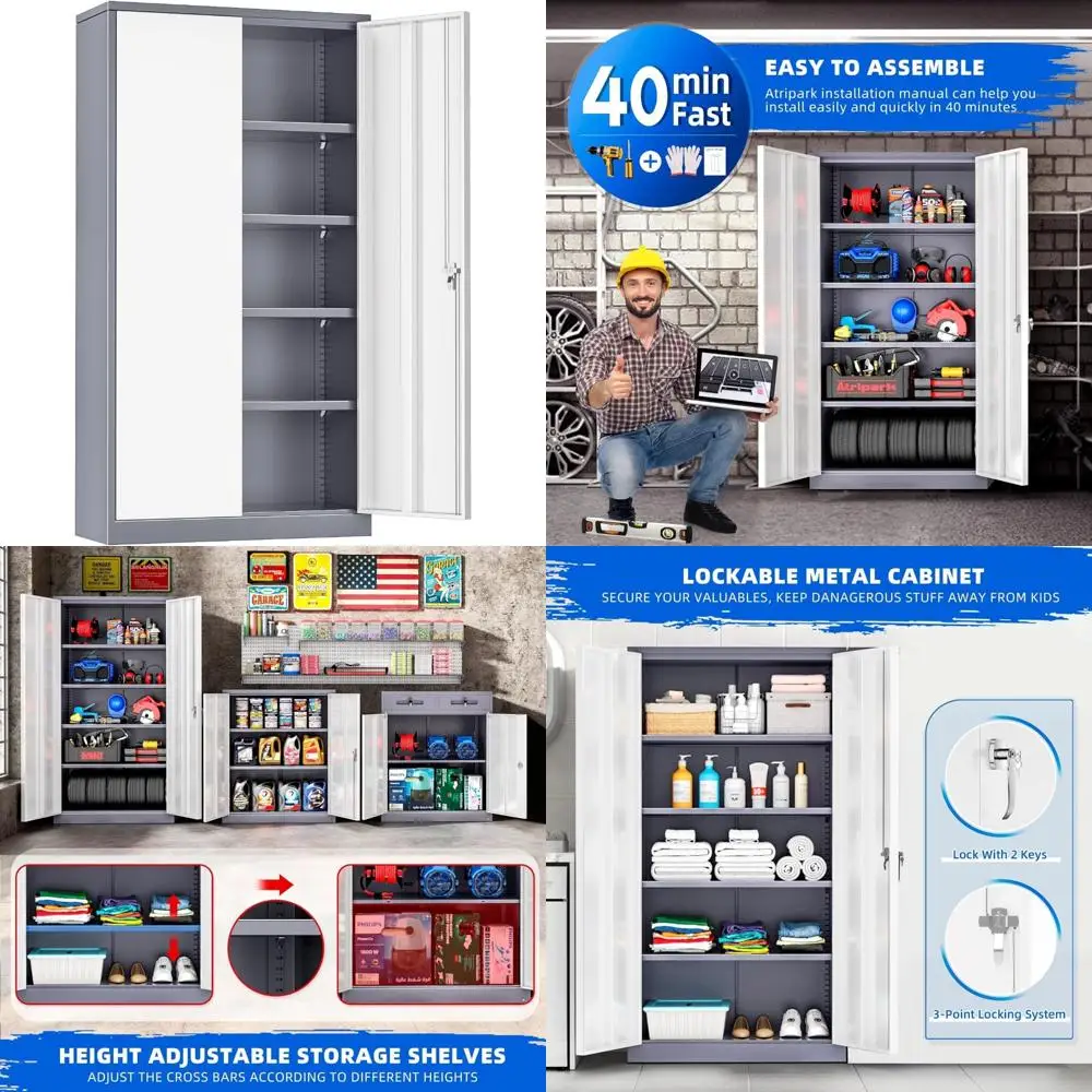 

Запираемый металлический шкаф для хранения с дверцами и полками для гаража, черный стальной шкаф с защитой