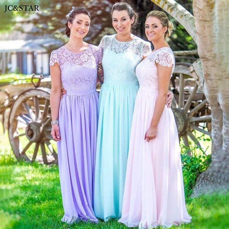 

lilac blue fan bridesmaid dress SCOOP neck lace chiffon short sleeves A Line sukienki na wesele long vestido festa abiti da sera