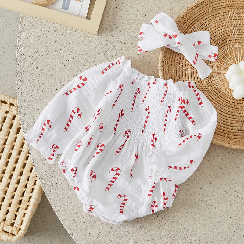 

Suefunskry Baby Girl Christmas Romper Outfits Off Shoulder Long Sleeve Smocked Candy Cane Print Bodysuit with Headband 2Pcs Set