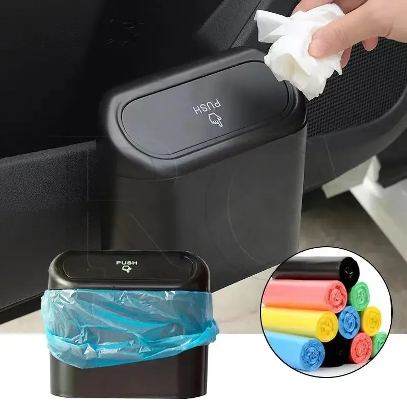 Car Clamshell Trash Bin Hanging Vehicle Garbage Dust Case Storage Box Black ABS Square Pressing Trash Can Universal Organizer