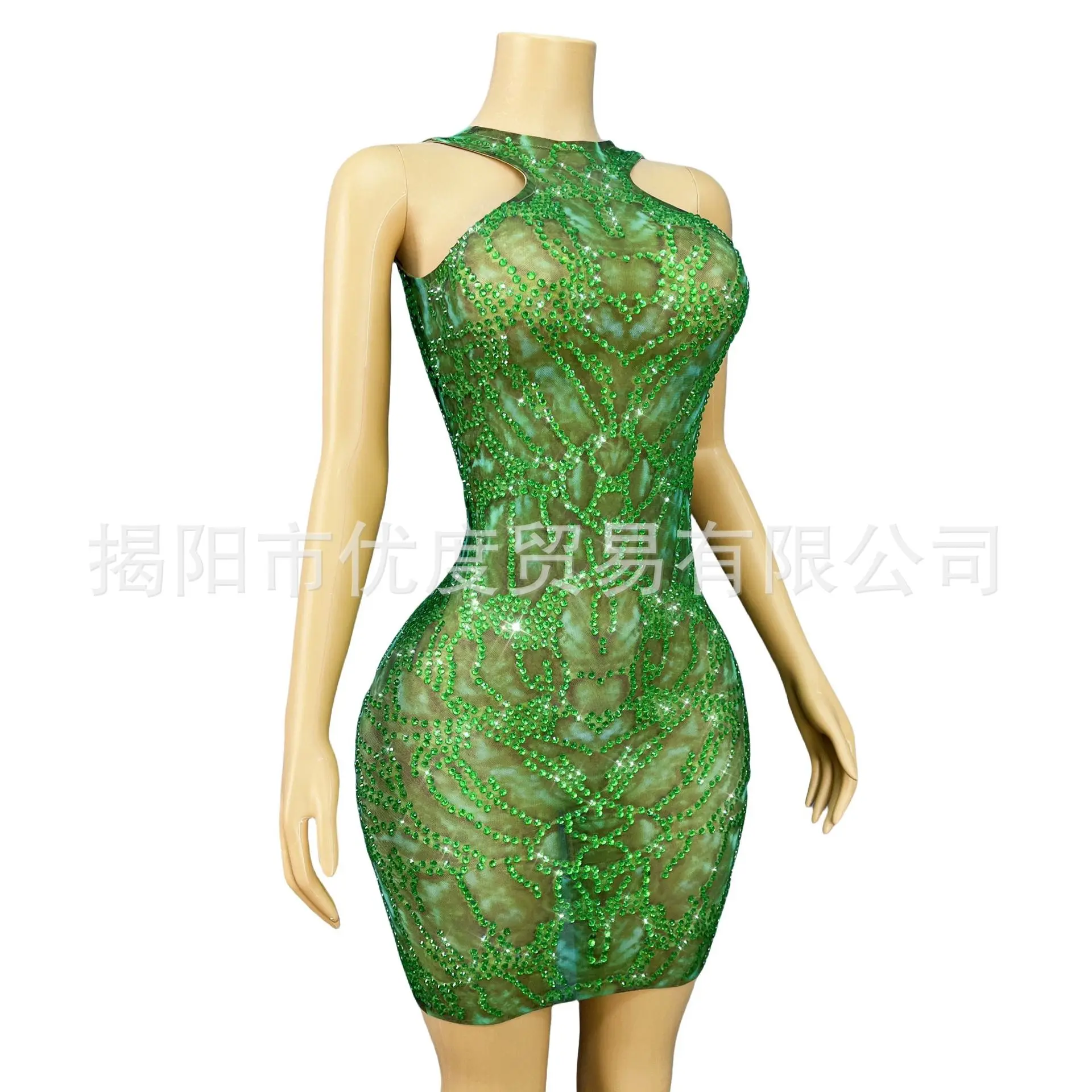 Sexy vert strass licou découpé robe fête d'anniversaire dos nu scène tenue ombre vert concepteur luxe robes de soirée