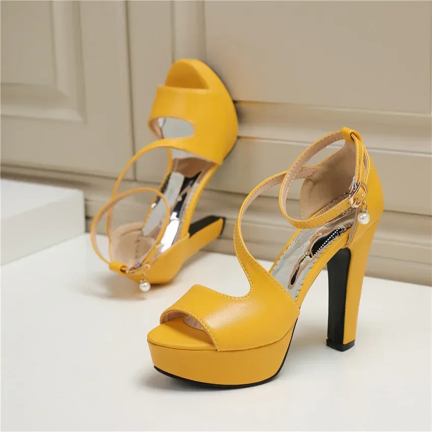 Plus Size Women Platform Sandals High Chunky Heels Yellow White Red Office Party Club Fashion Lady Cool Summer Ankle Strap Shoes view 5