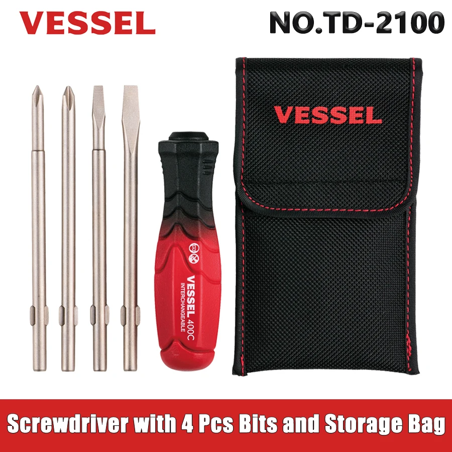 VESSEL TD-2100 4-in-1 Screwdrivers Bit Set Non-slip Screwdriver with 4 Pcs Replacement Bits and Storage Bag Repair Hand Tools