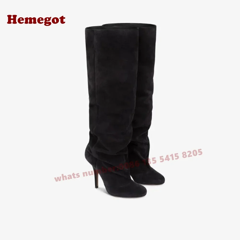 Brown Pleated Knee High Boots Round Toe Stiletto Heels Slip On Women\'s Long Boots 2025 New Winter Casual Shoes Luxury