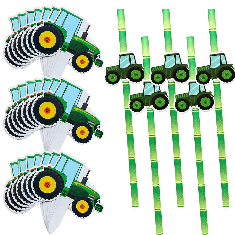 1Set Farm Tractor Vehicle Paper Straws Cake Toppers for Boy's Farm Tractor Themed Happy Birthday Party Decoration Supplies