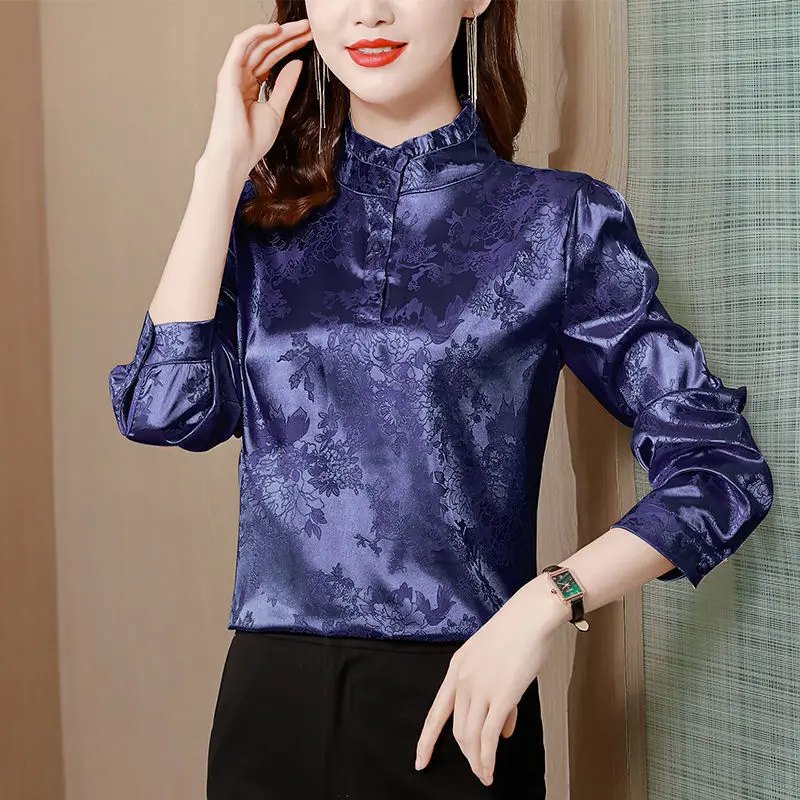 

Vintage Stand Collar Button Ruffles Satin Printed Blouses Women's Clothing Autumn New Commute Tops Oversized Loose Elegant Shirt