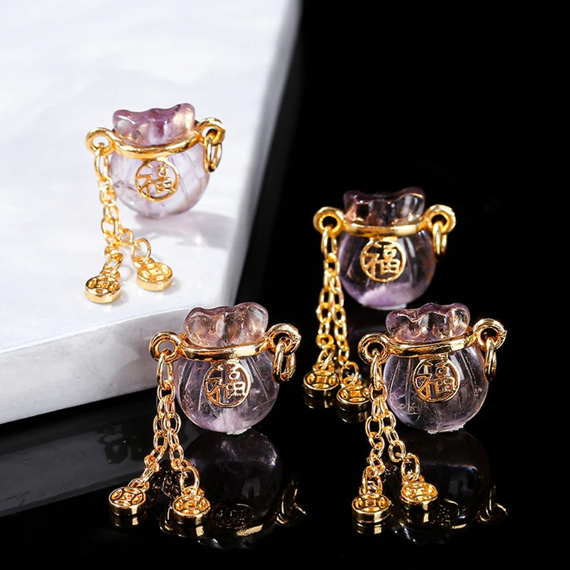 1 Pc Natural Amethyst Lucky Bag Chinese Fu Character Copper Buckle Pendant For Jewelry Making Diy Necklace Bracelet Accessroy