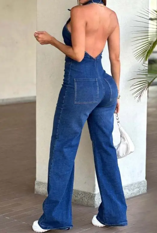 

Summer New Lapel Zipper Front Slim Fit High Waisted Straight Leg Denim Jumpsuit Retro Blue Sexy Backless Hanging Neck Jumpsuit