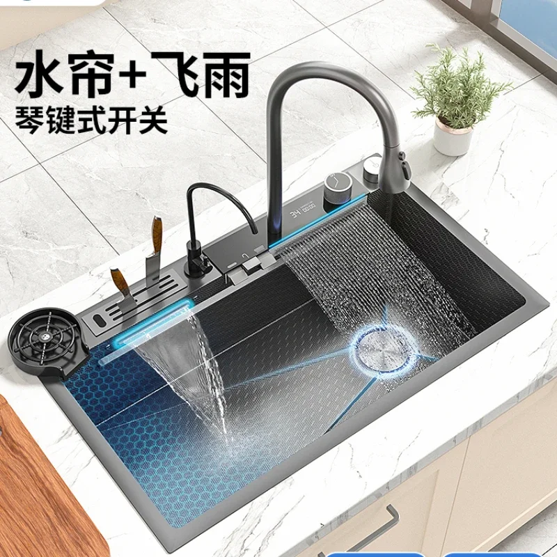 

Sink Nano Kitchen Household Honeycomb Embossed Washing Basin Digital Display Large Single Sink