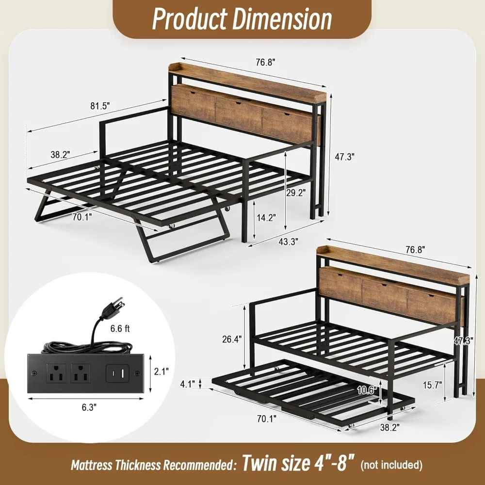 Tempat Tidur Daybed dengan Tempat Tidur Lipat dan Sandaran Kepala Berpenyimpanan, Rangka Tempat Tidur Twin Logam Kokoh dengan Lampu LED & Stasiun Pengisian Daya
