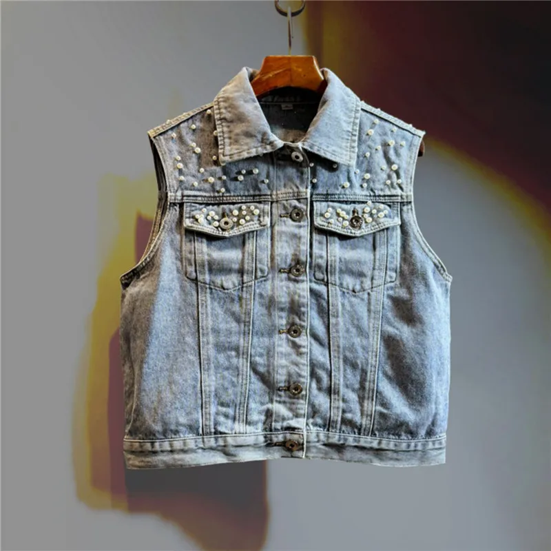 Spring New Women Fashion Pearl Beading Vintage Dark Blue Light Blue Short Denim Vest Lapel Sleeveless Cowboy Waistcoat Female