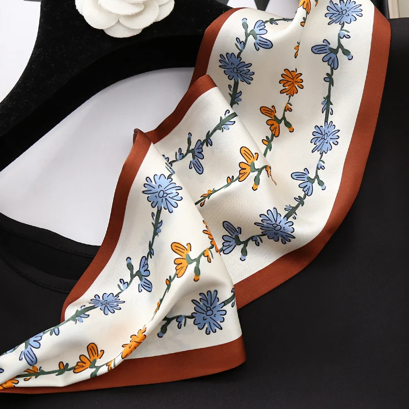 Spring Autumn Elegant Neck Decoration Rhinstones Ball Magnetic Snap Silk Scarf Flower Printed Women Small Neckerchief