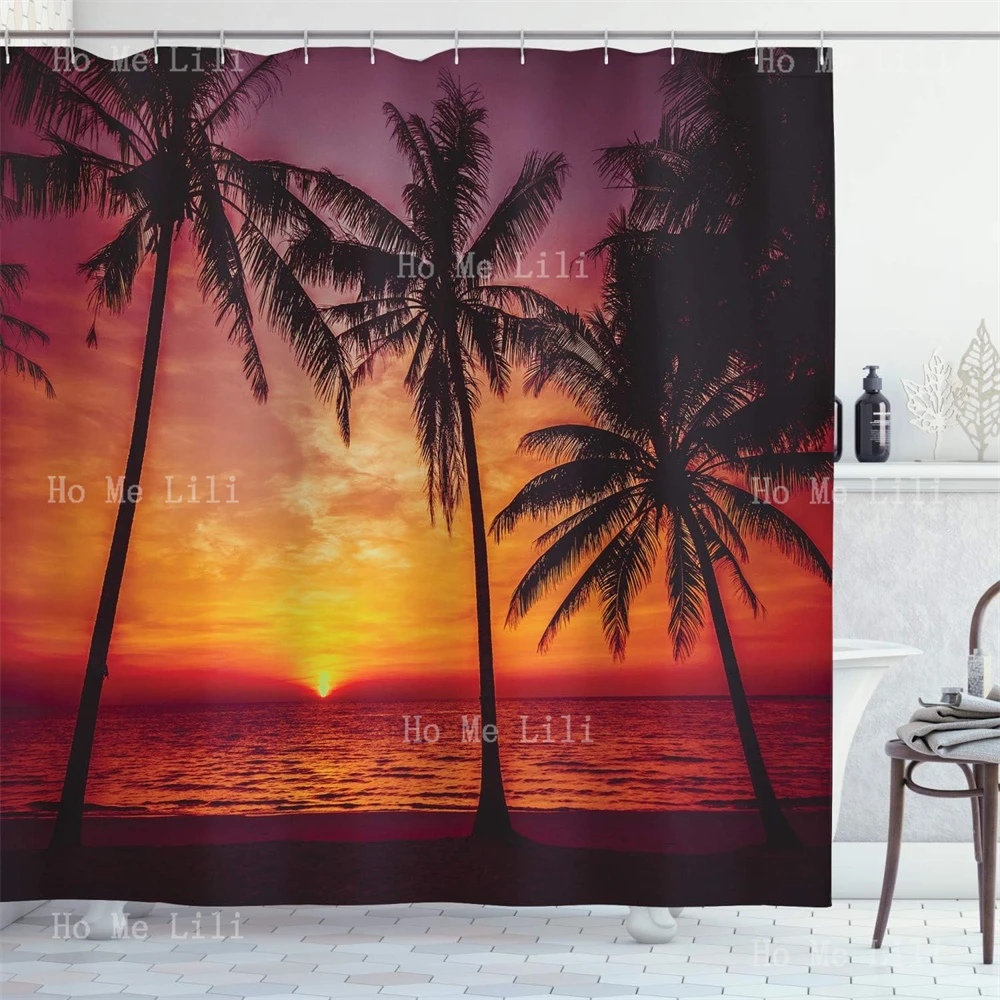 Tropical Shower Curtain Sunset Tropical Beach With Palm Trees Peaceful Ocean Evening View Resort Fabric Bathroom Decor