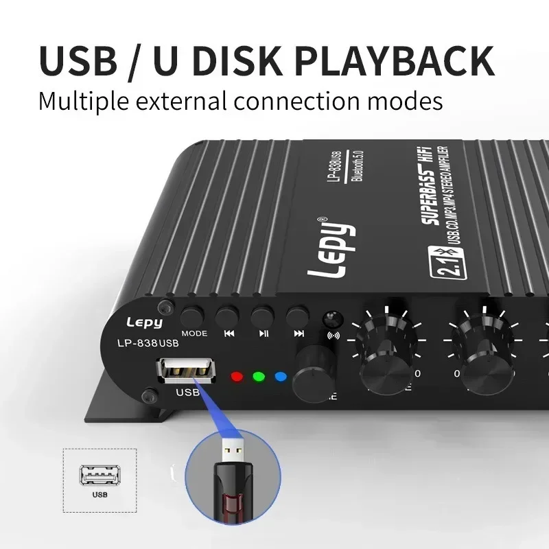 Hang Erősítő LEPY838USB Bluetooth subwoofer Erősítő Számítógépes 12V autó haza Erősítő U disc lossless Muzsika 2.1 Meder hifi