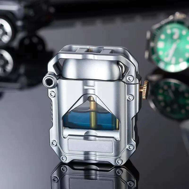 

Metal Punk Style Windproof Lighter One Click Ignition Transparent Fuel Tank Unusual Lighter Men's Creative Smoking Accessories