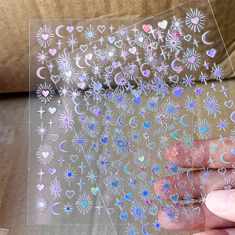 2 Sheets 3D Laser Star Sun Moon Bronzing Nail Art Stickers Laser Pink+White Bohemia Starburst Nail Decals DIY Romantic Manicure