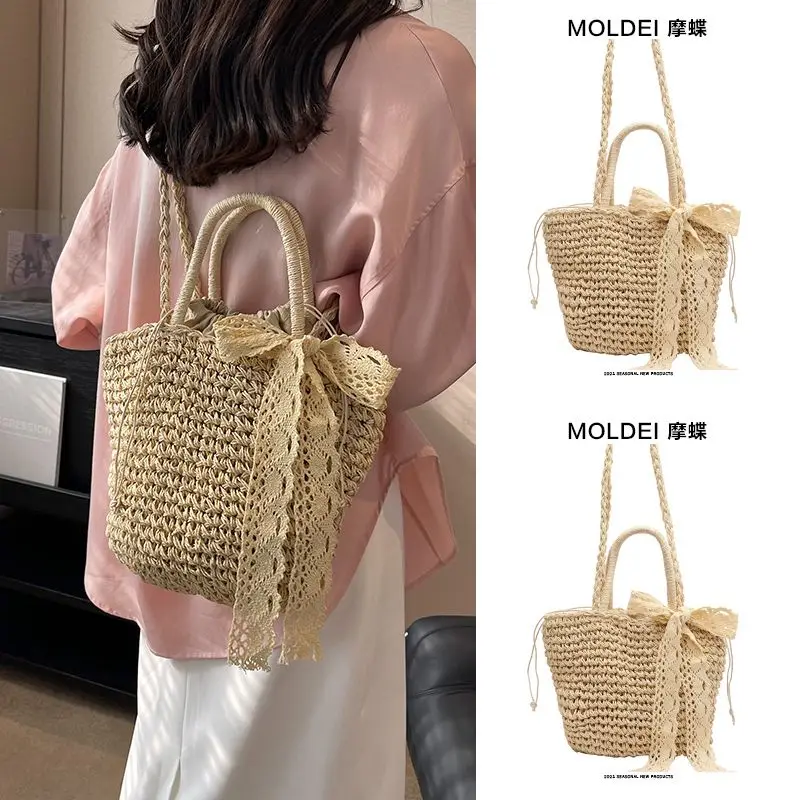 

Summer Straw Woven Bag Large Capacity Portable Bucket Bag 2023 New Seaside Vacation Hand Woven Crossbody Shoulder Bag For Women