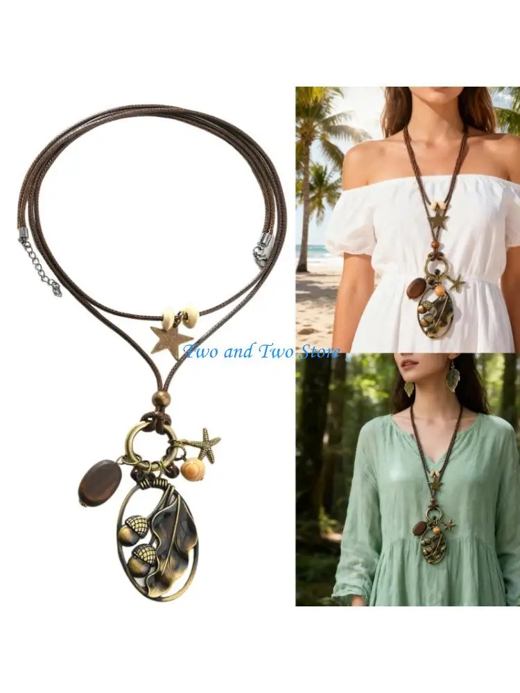 

HX6F кулон из этнического сплава, ожерелье с деревянными бусинами и вощеным шнуром для женщин, культурный ювелирный аксессуар