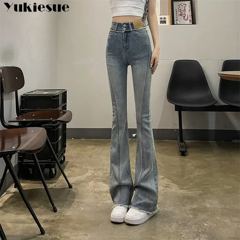 

American style 2023 New Wide Leg Flare Pants Trend Trousers High Waist Elastic Vintage Women's Flared Jeans 90s Long Denim pants