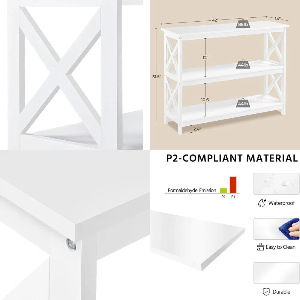 

Narrow White Entryway Shelf Table with 3 Storage Levels, Ideal for Living Room, Hallway, or Accent Furniture