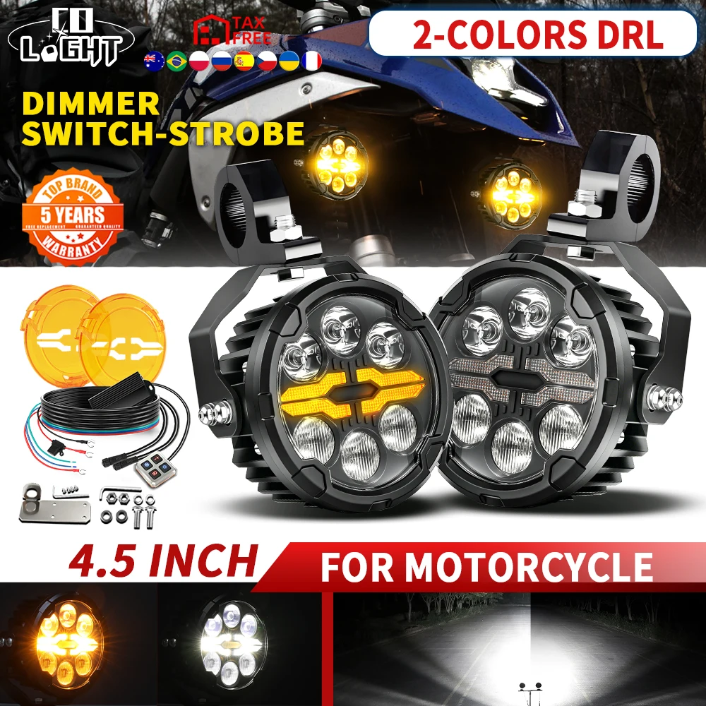 CO LIGHT Offroad-Nutzung Wasserdichte 4,5 Zoll Motorrad-LED-Zusatzscheinwerfer Weiß-Amber Angel Ring DRL Stroboskop-Modus Fern-/Abblendlicht Arbeitsleuchte für Motorrad Quad Scooter Enduro