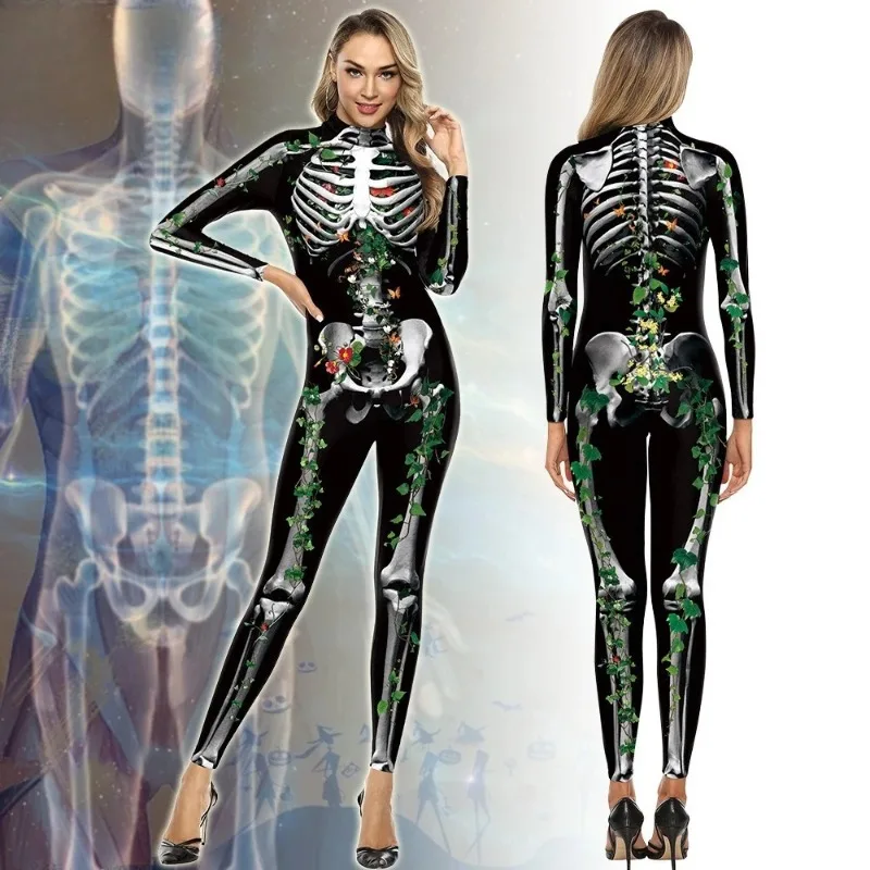 

Anatomical Skeleton Bodysuit - Realistic Bone Print & Green Accents, Spooky Form-Fitting Outfit for Halloween & Themed Events