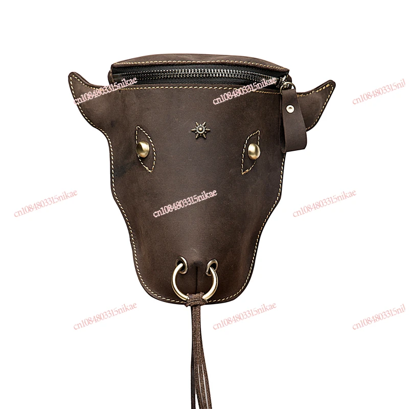 

Personality Top Layer Crazy Horse Skin Men's Bag Retro Trendy Bull Head Large Capacity Waist Bag Men's Leg Bag