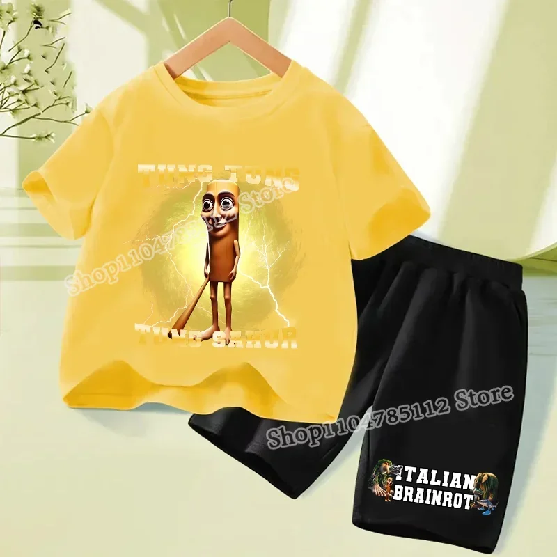 Italian Brainrot Shark T-shirt Suit for Children Tung Tung Tung Sahur Tops+shorts 2pcs Set Pajamas Pant Home Wear Clothes Gift - Detail 1